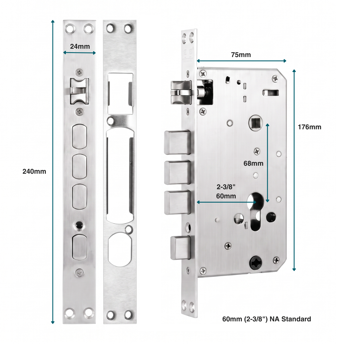 Metal door lockset components shown on a white background with dimension callouts: a vertical latch plate marked 240mm and 24mm, a side view marked 75mm and 176mm, and a backplate view marked 68mm and 60mm.