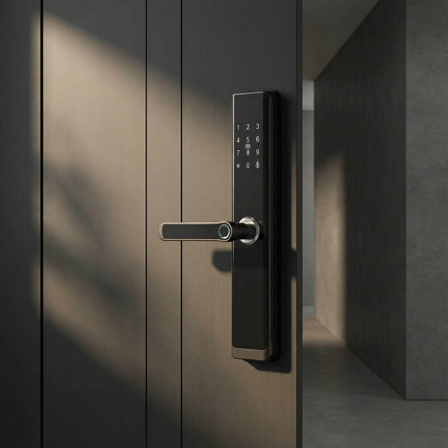 Grisoll Juno+ Modern digital door handle on a metallic door with soft shadows
