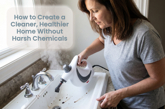 Woman cleaning her sink with a Grisoll portable steam cleaner