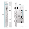 Silver metal deadbolt lockset components shown with dimension annotations, including a 24mm latch plate, 240mm height, 70mm width, and 176mm overall height, labeled as 53mm (2-3/32") EU Standard.