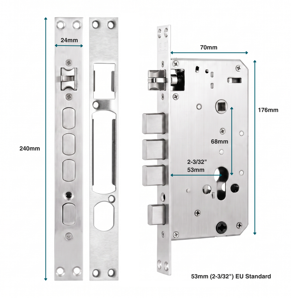 Silver metal deadbolt lockset components shown with dimension annotations, including a 24mm latch plate, 240mm height, 70mm width, and 176mm overall height, labeled as 53mm (2-3/32") EU Standard.
