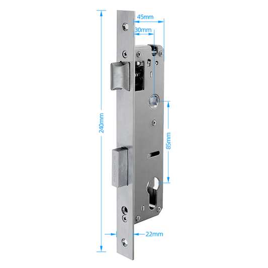 Metal door lock mechanism with dimensions labeled on a white background
