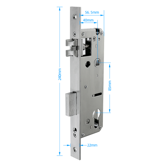 Metal door lock with dimensions indicated on a white background