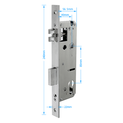 Metal door lock with dimensions indicated on a white background