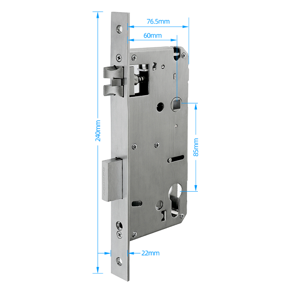 Metal lock mechanism with dimensions labeled on a white background