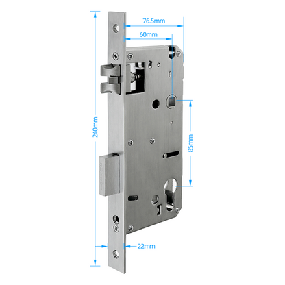 Metal lock mechanism with dimensions labeled on a white background