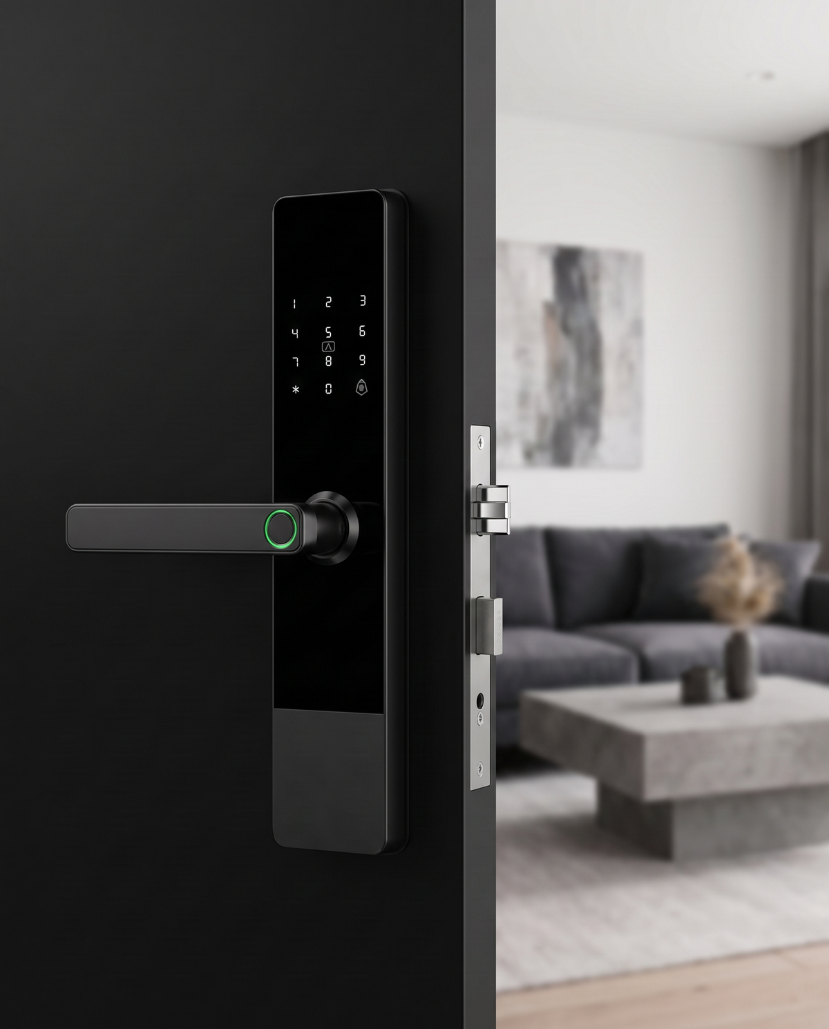 Grisoll ATLAS | A modern black smart digital door lock with a horizontal handle and touch keypad, shown installed on a dark door with a blurred living room in the background.