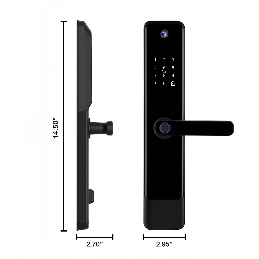 Grisoll JUNO+ Black electronic smart door lock shown from side and front views with dimension annotations - 14.50 x 2.95 x 2.70"