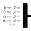 Grisoll JUNO+ Black smart door lock with a digital keypad and blue accent button, shown next to feature icons for fingerprint entry, passcode unlock, mobile app control, backup keys, real-time notifications, card unlock, low battery warning, emergency charging, and doorbell camera.