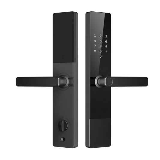 Grisoll Atlas Smart Lock | A pair of modern black electronic smart door locks with horizontal handles, shown from the front on a plain white background.