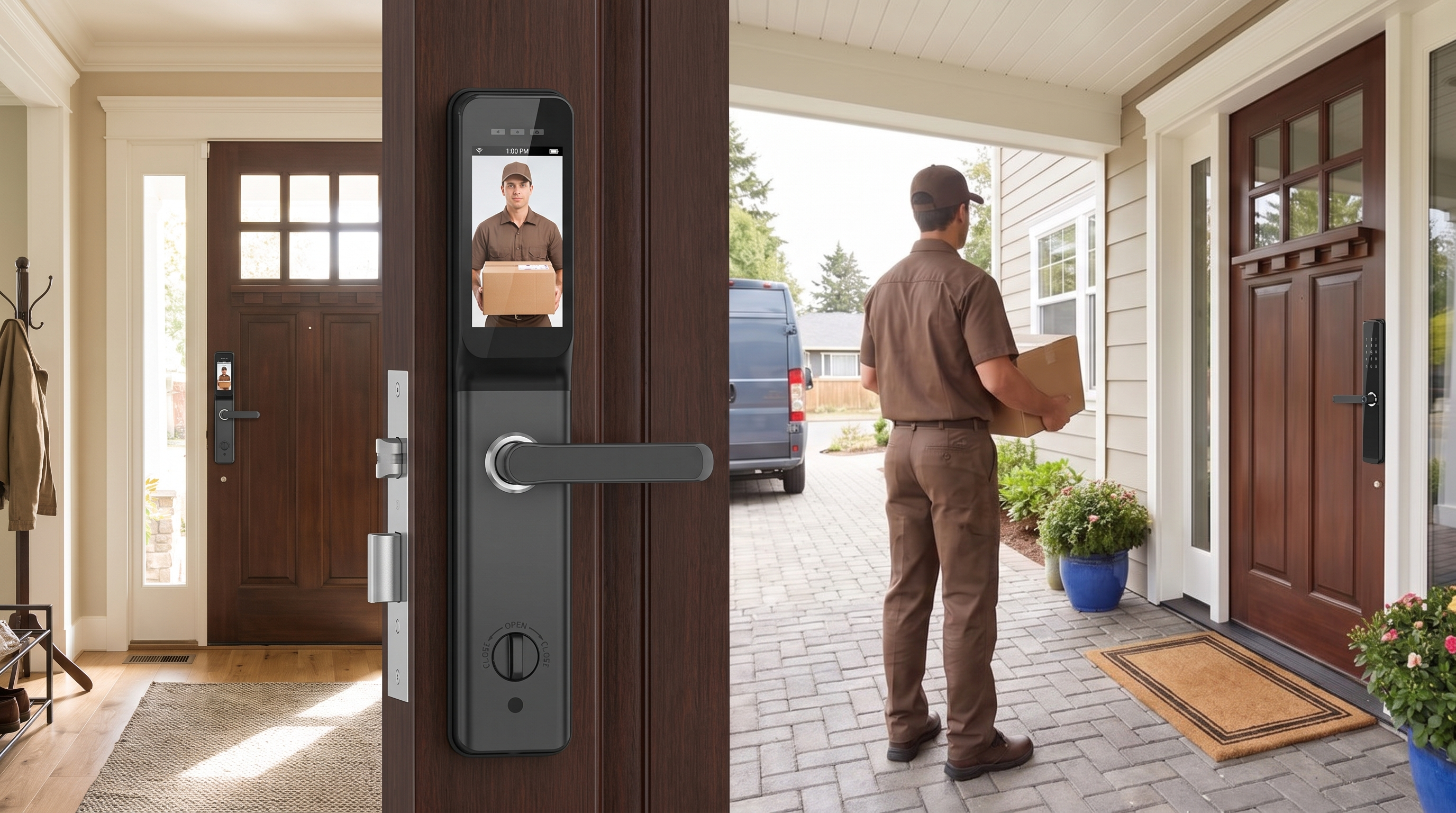 A smart door lock is shown installed on a dark wood front door, with a video call screen displaying a delivery person. On the right, a delivery worker in a brown uniform stands on a house porch holding a cardboard box, demonstrating the lock's delivery notification feature.