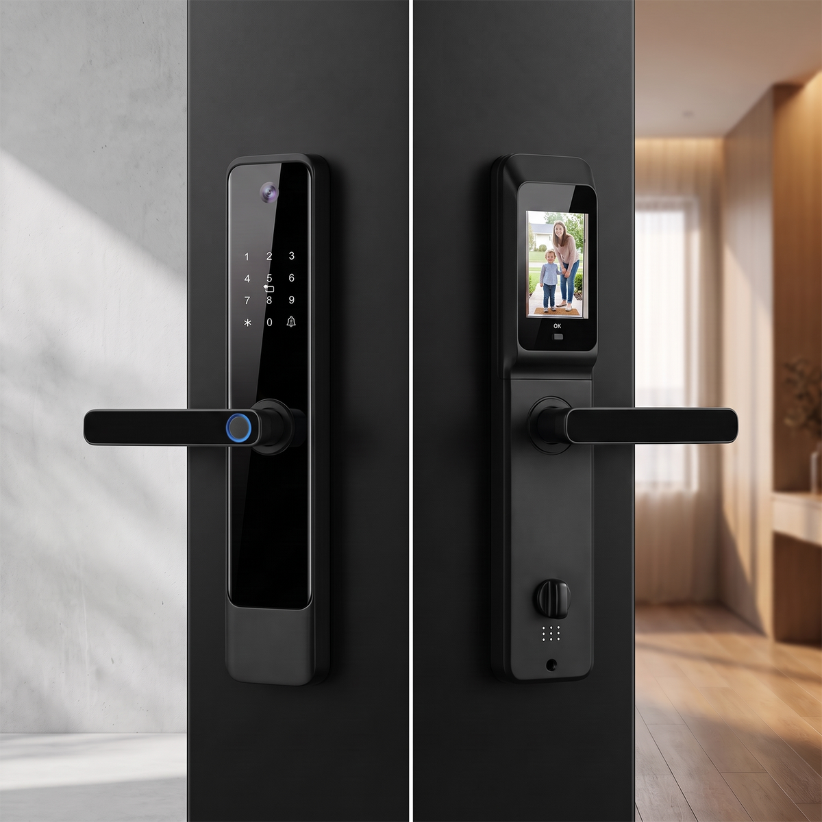 Grisoll JUNO+ Lifestyle | Two black smart door locks shown side by side on matching dark doors. The left lock has a touch keypad and handle, while the right lock has a small display screen showing a photo and additional hardware below.