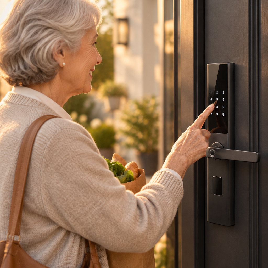 Senior woman entering a passcode on the illuminated touchscreen keypad of the Grisoll VANTA smart lock