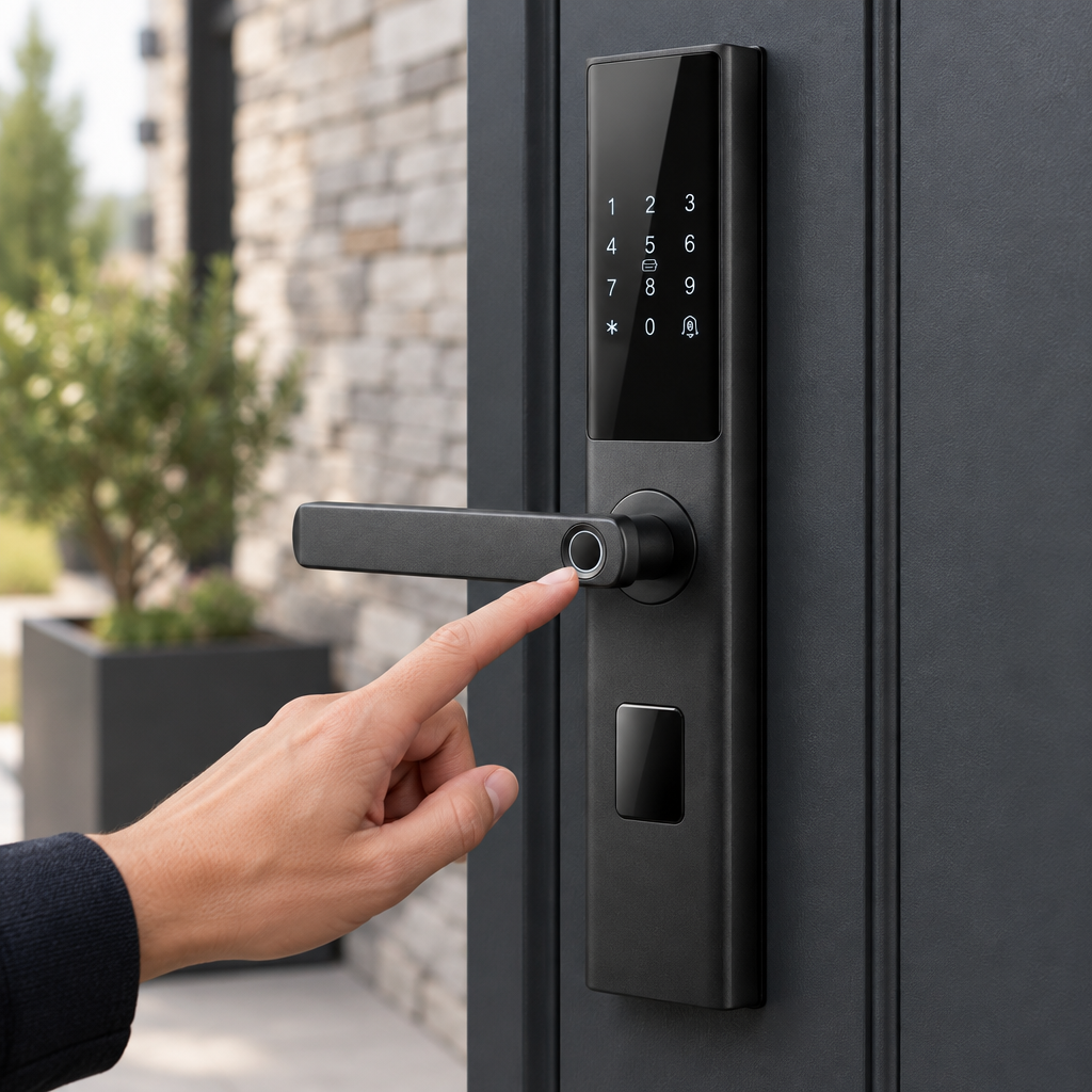 Grisoll VANTA smart lock on a front entrance door with a finger approaching the fingerprint sensor on the handle