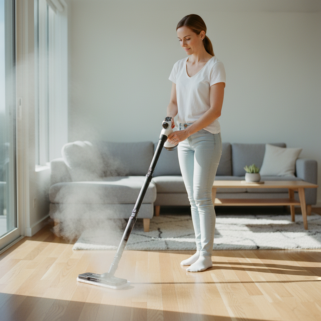 Grisoll steamer mop woman using on her floors